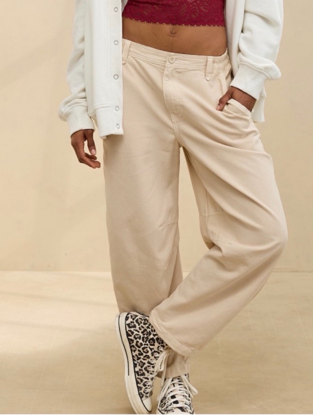 Aerie Barrel Leg Wide Leg Beige Pants Size Small Petite